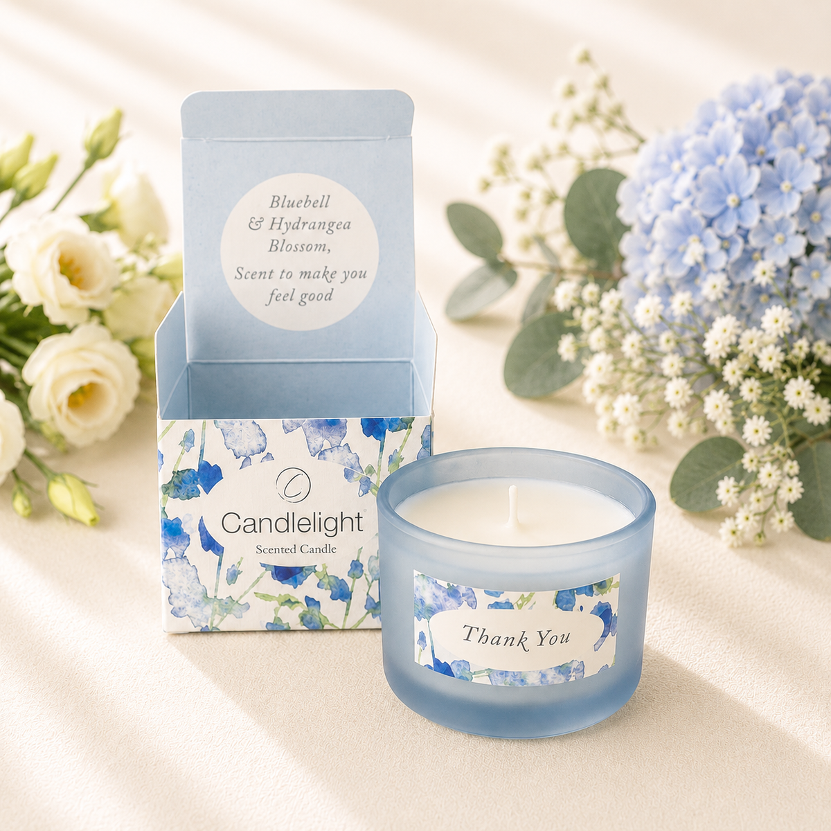 Single Candle Gift Set Thank You - Bluebell & Hydrangea Blossom