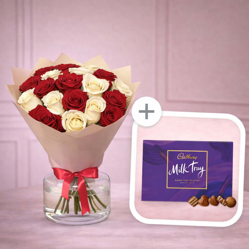 20 Red & White roses with Milk Tray Chocolate Box