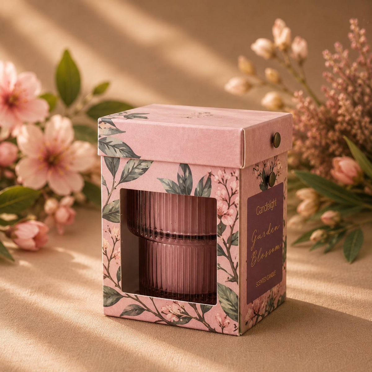 Small Ridged Glass Candle - Garden Blooms Plum