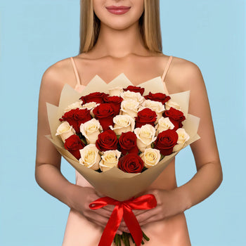 Bouquet of 30 White and Red roses #1