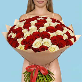 100 Premium White and Red Roses #1