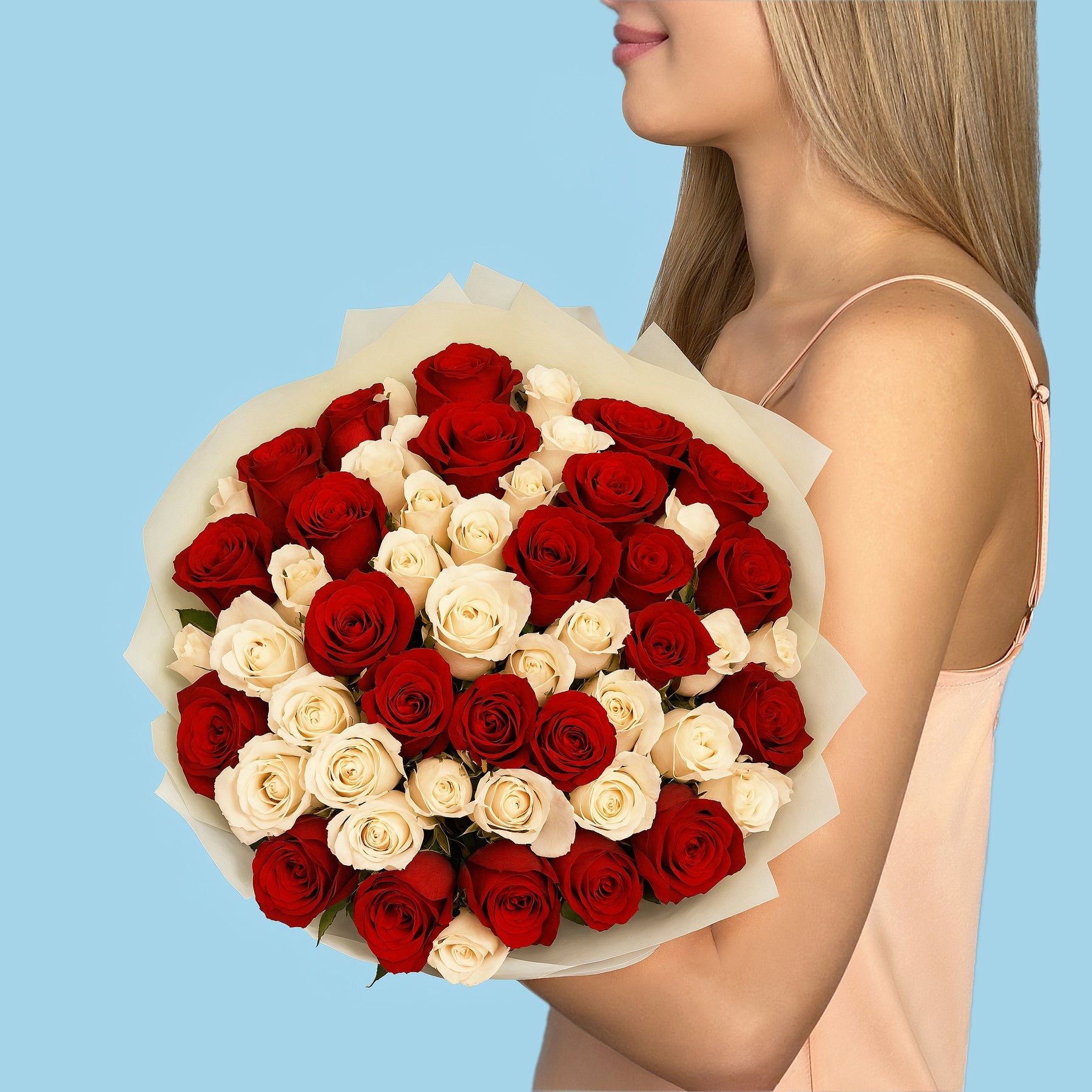 50 White and Red Roses from Kenya #2