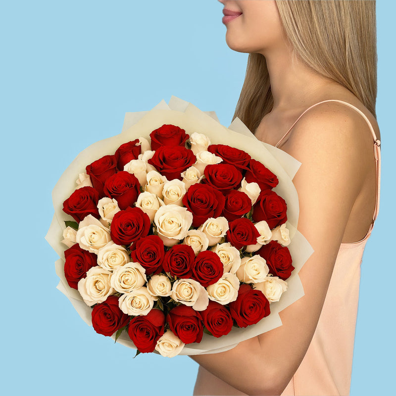 Bouquet of 50 White and Red roses #2