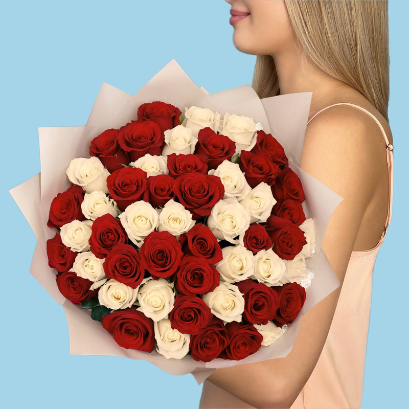 Bouquet of 50 White and Red roses #6
