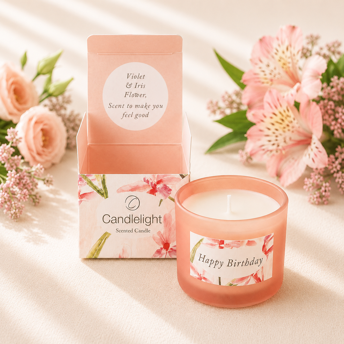 Single Candle Gift Set Birthday Wishes - Violet & Iris Flower