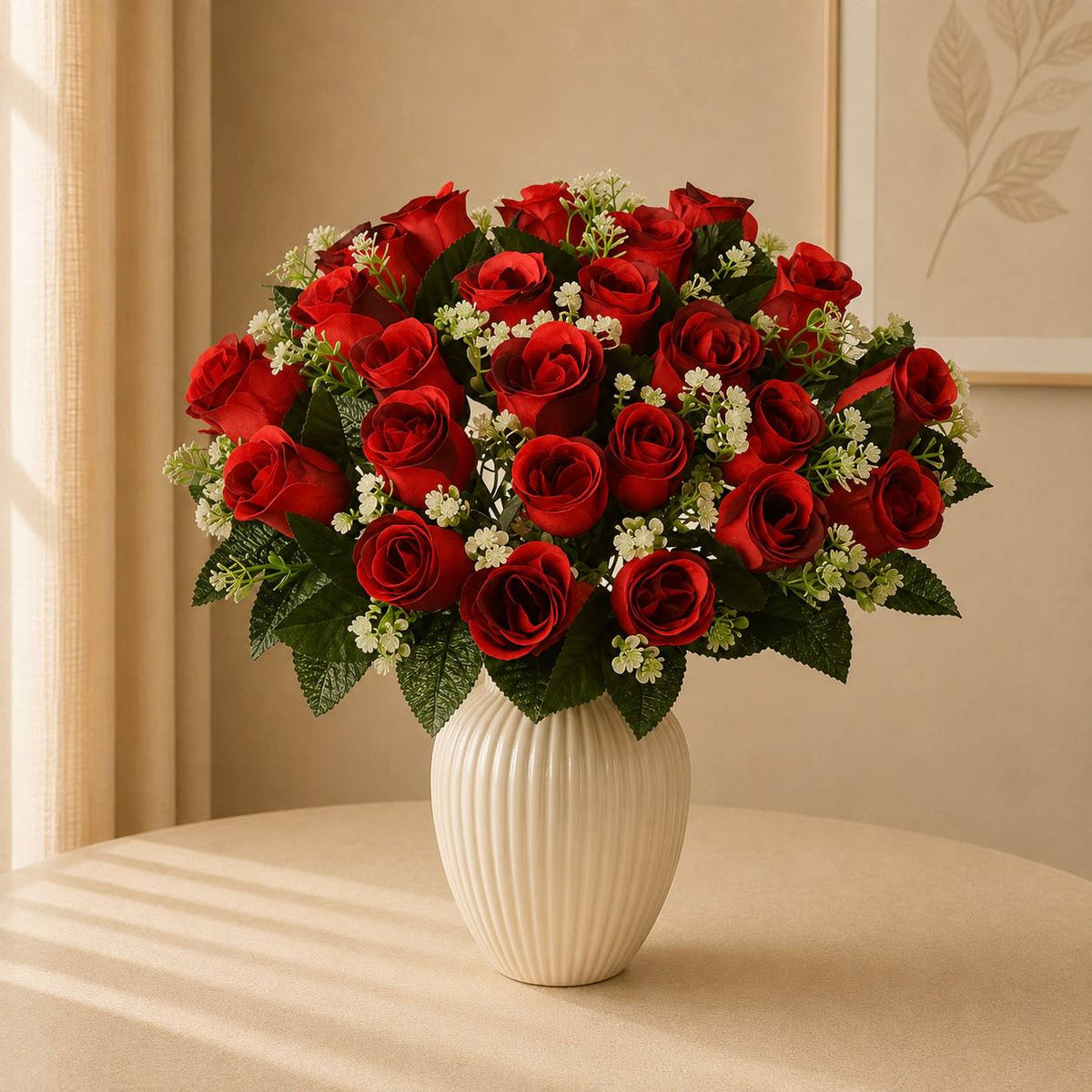 Artificial bouquet of 24 red roses and gypsophila 41cm