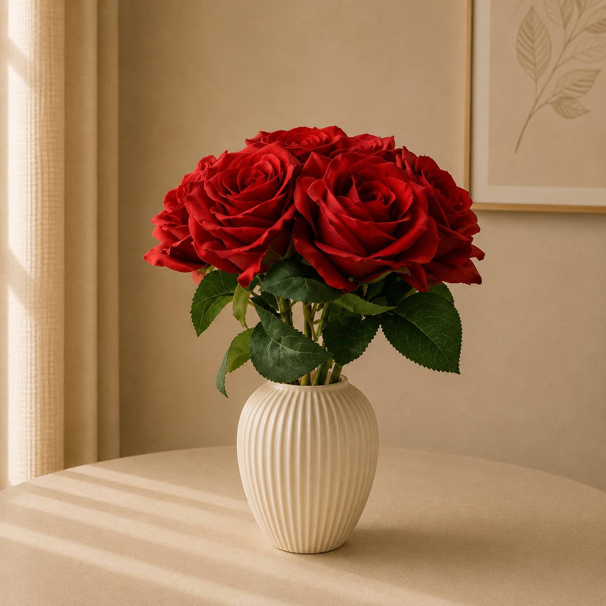 Artificial bouquet of 7 premium red roses 25cm