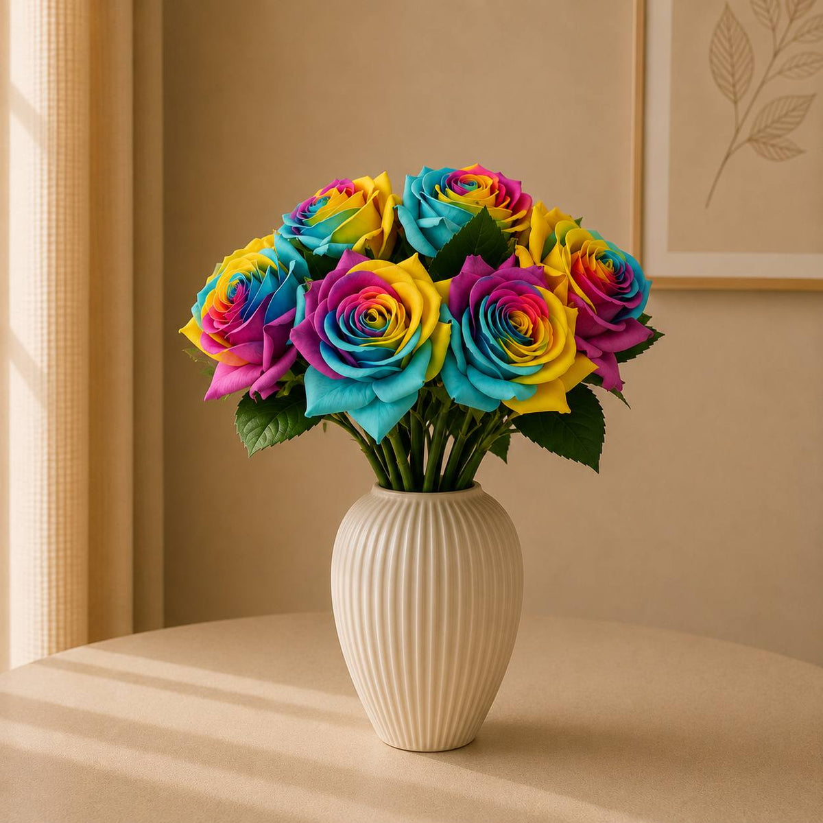 Artificial bouquet of 7 rainbow roses 35cm