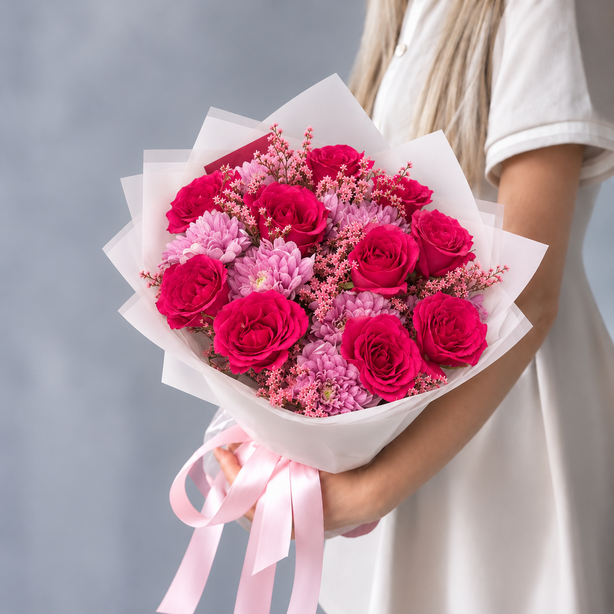 Raspberry Dream – Hot Pink Rose & Chrysanthemum Bouquet - MyFlowers