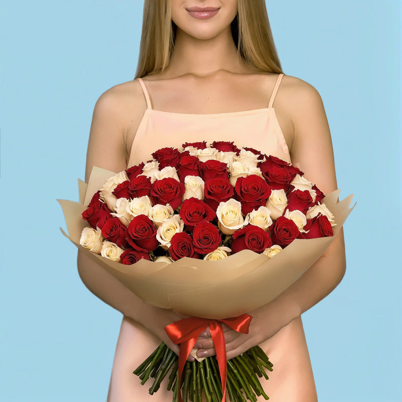 Bouquet of 100 White and Red roses #1