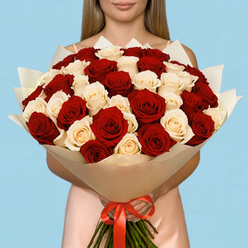 50 Premium White and Red Roses #1