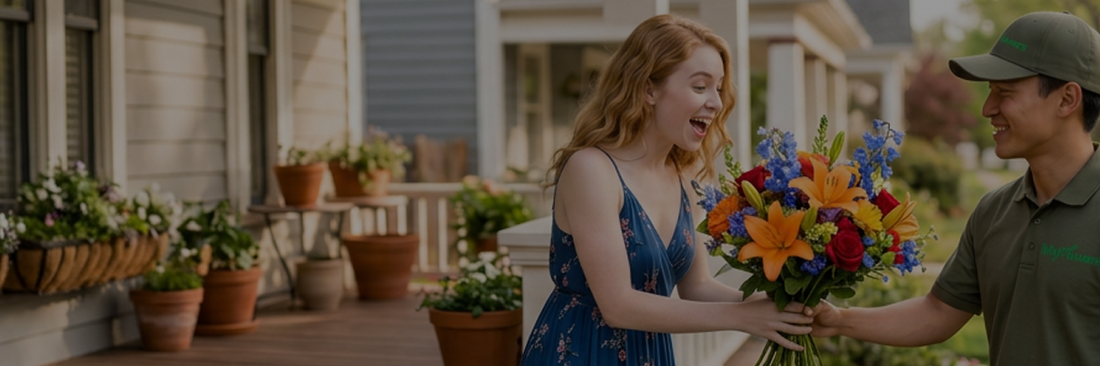 A woman happily receiving a colourful bouquet from a MyFlowers courier at her front door