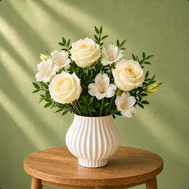 White roses and alstroemeria in a ribbed vase on a wooden table