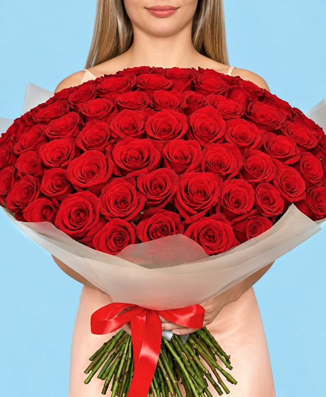 A large bouquet of red roses held in both arms