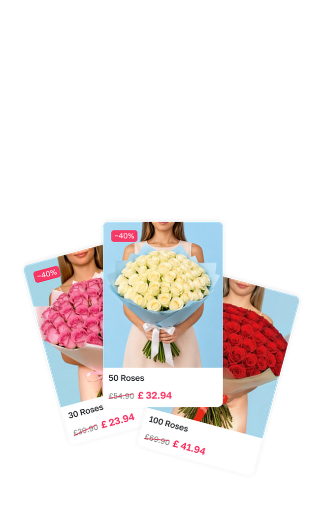 Three discounted rose bouquets shown as overlapping cards