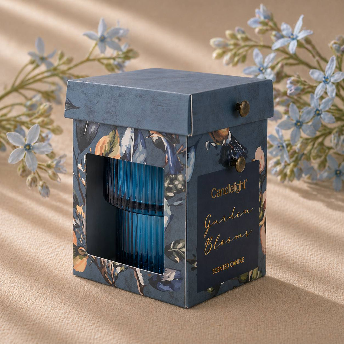 Small Ridged Glass Candle - Garden Blooms Blue